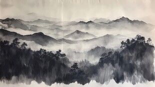 水墨山峦间 云雾绕林间