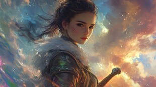 奇幻女战士持剑傲立云端