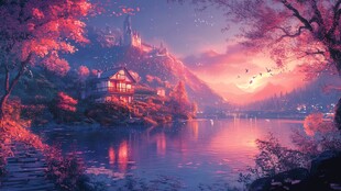 梦幻湖畔的黄昏城堡美景