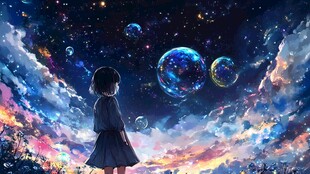 女孩凝望梦幻星空泡泡