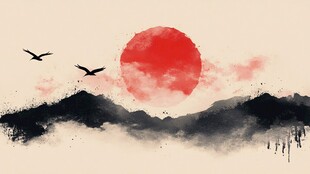 水墨夕阳飞鸟山水图景