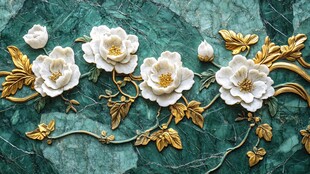 绿底金白牡丹浮雕装饰