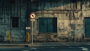 老旧建筑旁的禁停标志