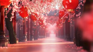 红灯笼与繁花装点的古巷