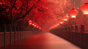 红灯映花径 夜色添诗意