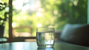 桌上透明水杯与绿意背景