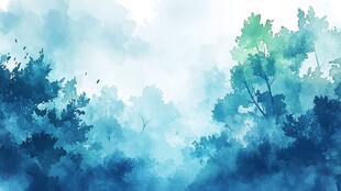 梦幻蓝绿森林水彩背景图