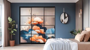 蓝色卧室的艺术玻璃移门