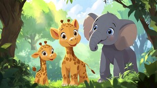 森林中可爱的长颈鹿与大象