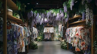 梦幻紫藤下的多彩服装陈列