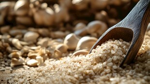 木勺盛糙米与散落蒜粒