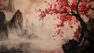 水墨红梅映山水意境美