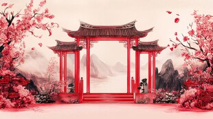 中式红亭繁花山水美景