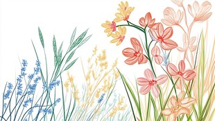 春日花卉草丛清新插画