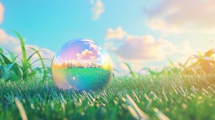 草地上的梦幻彩色泡泡
