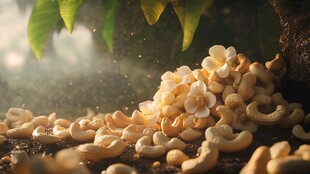 新鲜腰果散落在自然环境中