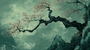 水墨古梅傲立山川间