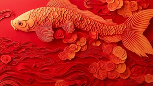 红色立体剪纸风锦鲤图