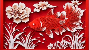 红底金鱼花卉剪纸艺术