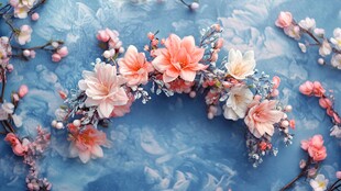 蓝色背景上的梦幻花朵花环