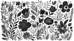 黑白手绘花卉图案素材