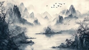 水墨山水间飞鸟掠过