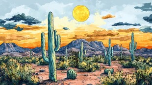 沙漠夕阳下的仙人掌景观