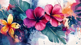 水彩绘艳丽花卉与绿叶