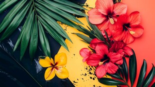 热带花卉与绿叶的绚丽组合