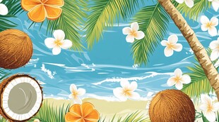 夏日海滩椰林花卉美景