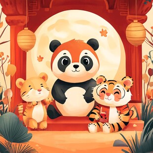 熊猫老虎共度中秋佳节