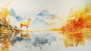 秋日湖畔麋鹿梦幻水彩景
