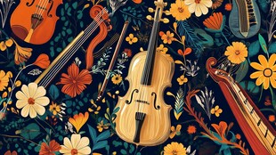 花卉环绕的多彩乐器世界