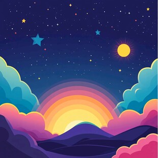梦幻星空下的彩虹与山峦