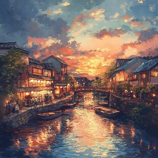黄昏下的水乡浪漫景致