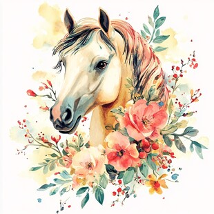 花卉环绕的优雅马头插画