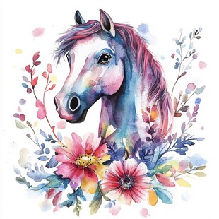 水彩绘马与缤纷花卉