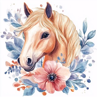 水彩绘骏马与花卉装饰