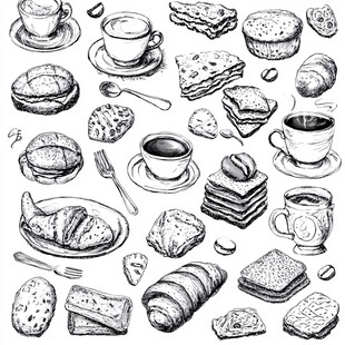 手绘咖啡与各式糕点插画