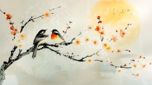 双鸟栖梅枝 暖日映春景