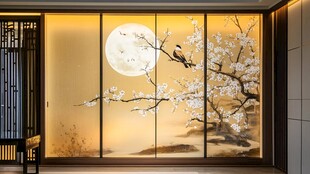 中式窗景 月夜花鸟诗意画面