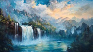 壮丽山间瀑布景观油画