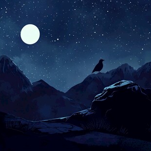 月夜孤鸟立山巅