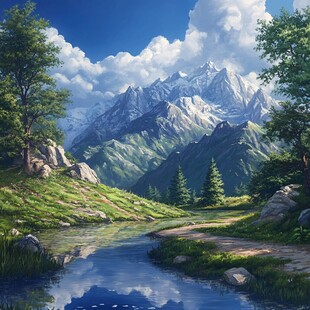 山间溪流畔的壮丽自然景致