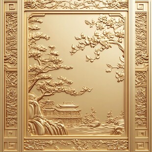 中式浮雕山水花鸟装饰画