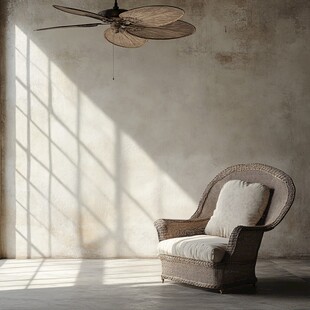 复古室内 藤椅与吊扇光影