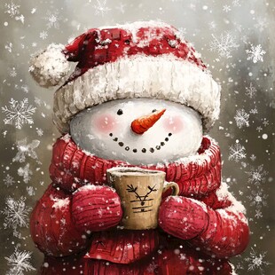 戴帽雪人温暖捧杯赏雪