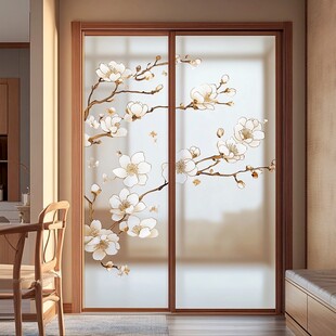 中式花卉玻璃推拉门