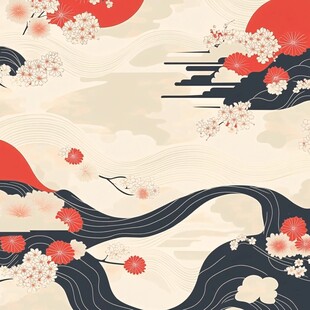 日式和风花卉海浪背景图