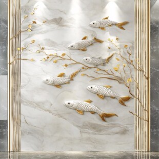 中式金鲤大理石玄关装饰画